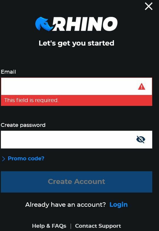 Rhino.bet Registration Screenshot
