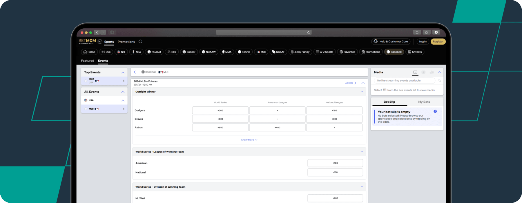 betmgm mlb betting page screenshot