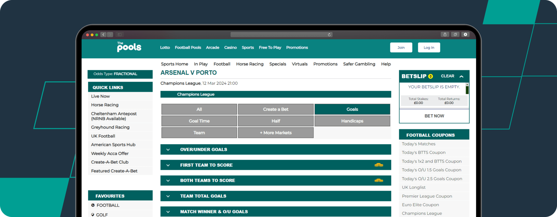 screenshot of the pools multi goal betting page