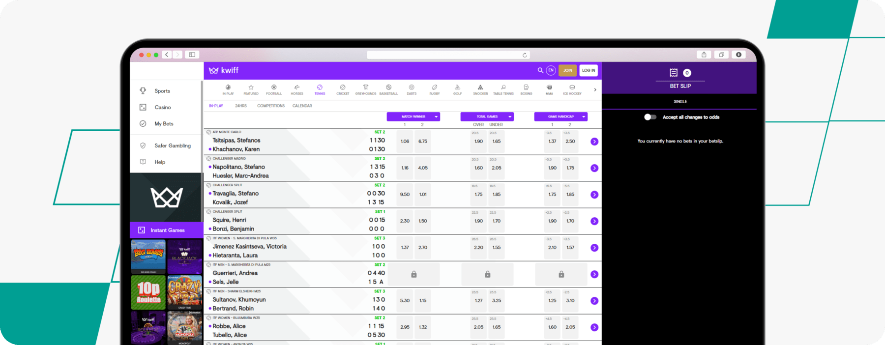 screenshot of kwiff tennis betting page