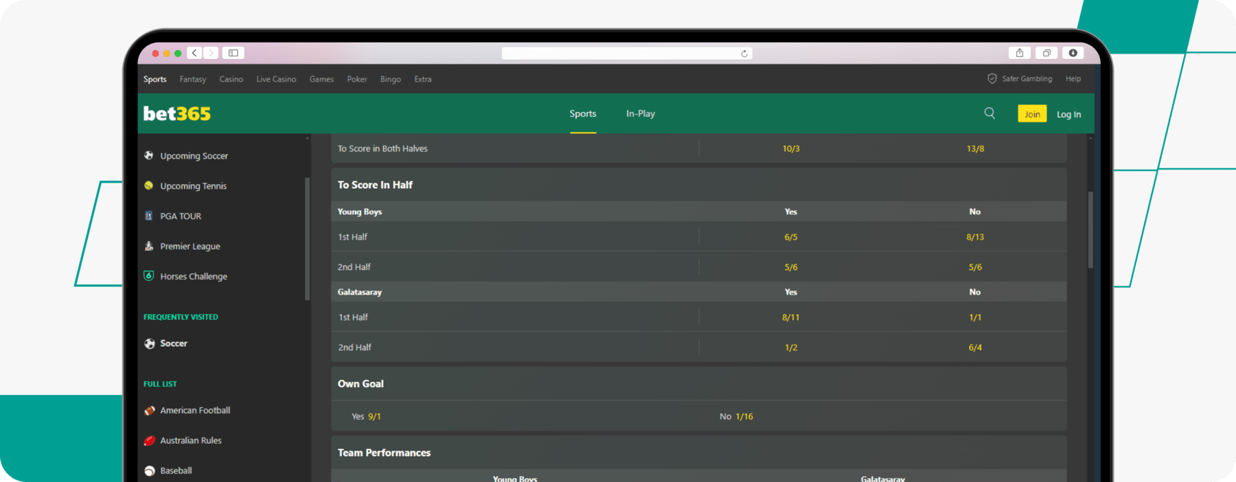 screenshot showing bet365 to score in both halves odds