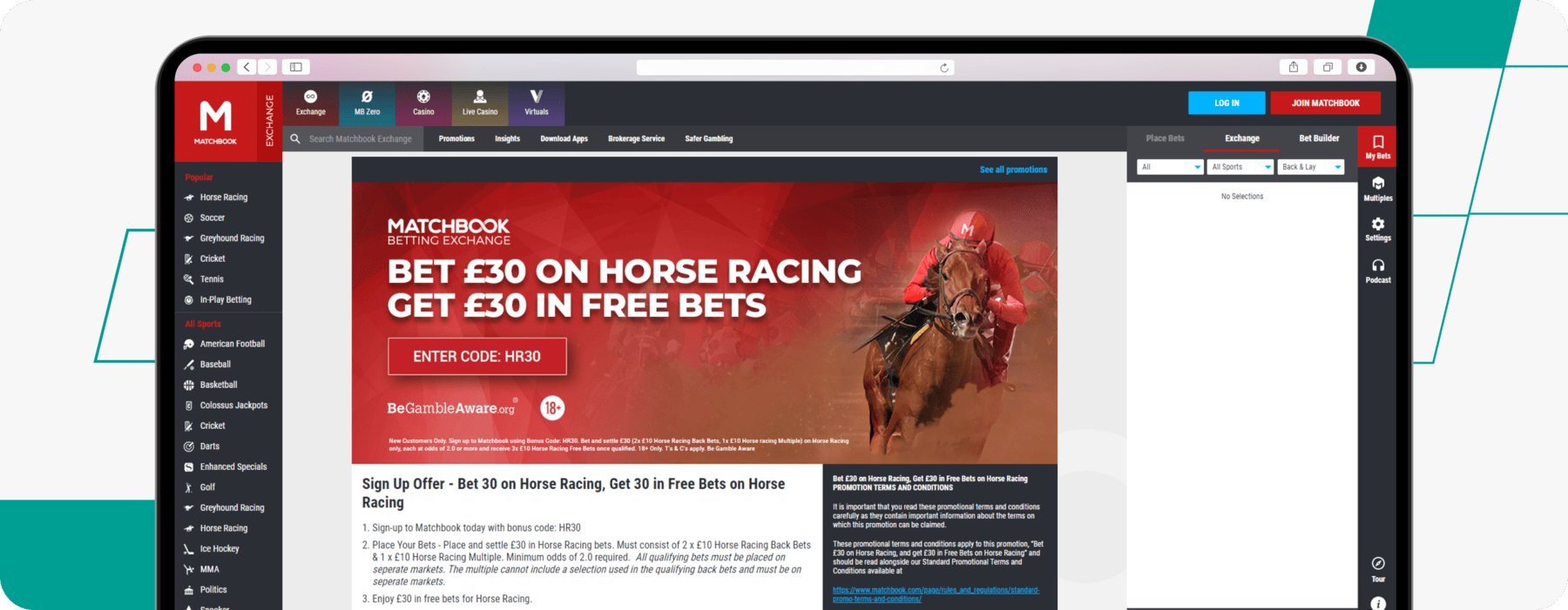 screenshot of matchbook's horse racing welcome offer